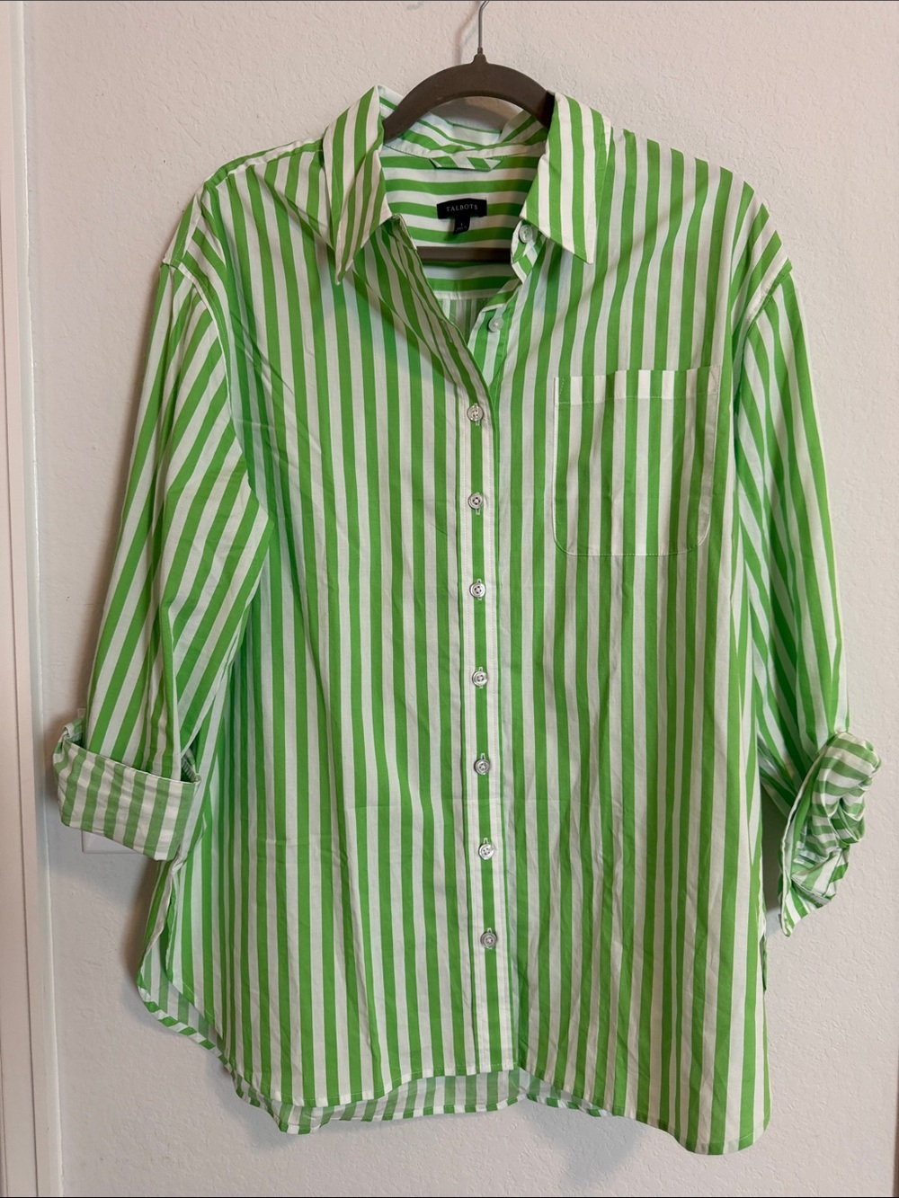 Talbots Green and White Vertical Stripe Button-Down Shirt